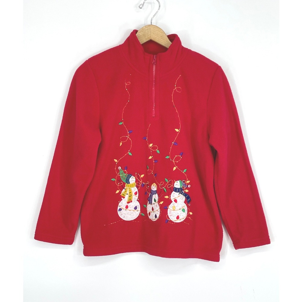 Kim Rogers Womens Sweater PS Fleece Red Snowman Christmas Quarter Zip